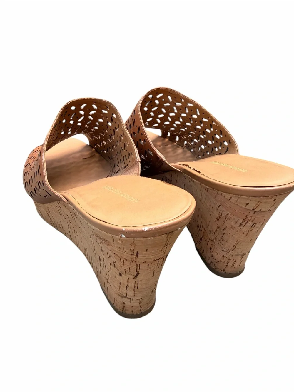 Lauren Blakwell Women’s 11 Tan Ilene Perforated Cork Wedge Slide Sandals Boho